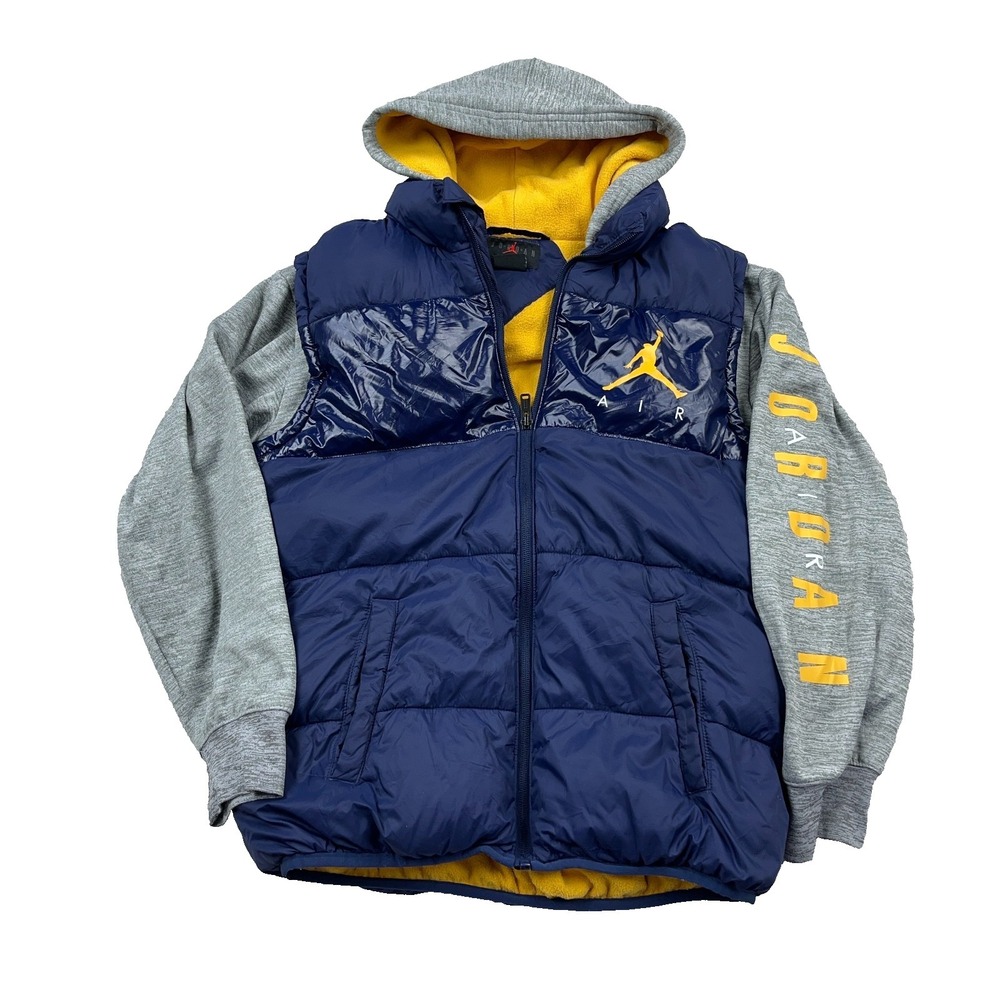 Air Jordan Puffer Jacket Boys XL Navy Blue Gray Full Zip Hooded Youth Jumpman‎